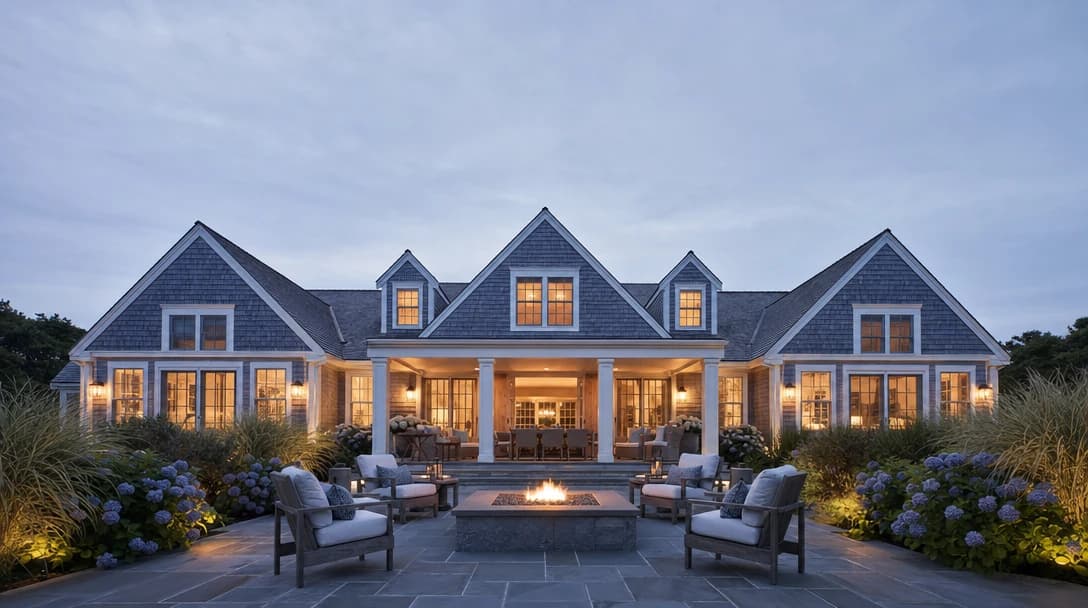 Luxury Cape Cod outdoor living space at dusk — natural-stone patio, fire pit, and lounge seating